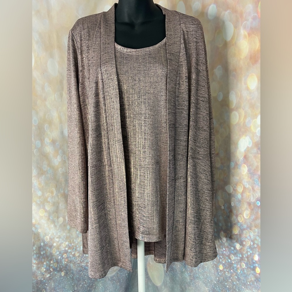 Susan Graver Foil Knit Cardigan and Tank Set Metallic Pink Rose Gold Size XL